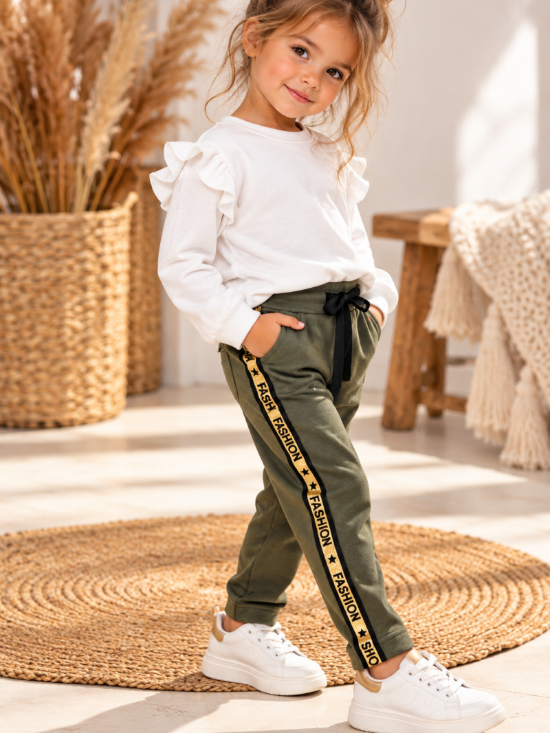 Spodnie dziewczęce khaki z czarno-złotym lampasem FASHION