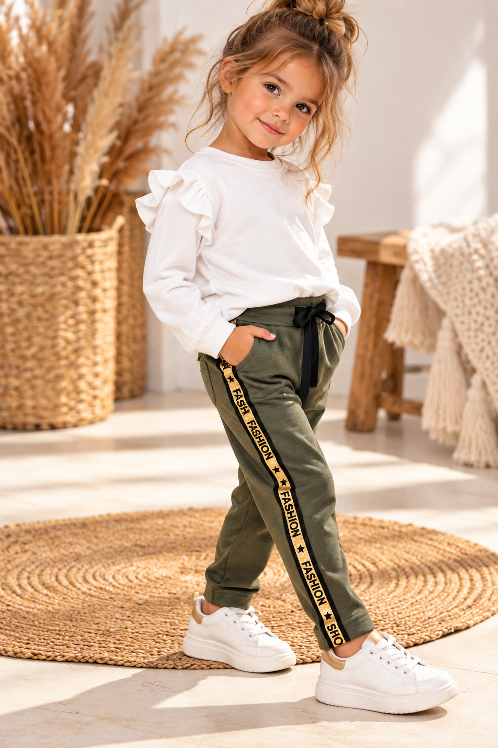 Spodnie dziewczęce khaki z czarno-złotym lampasem FASHION
