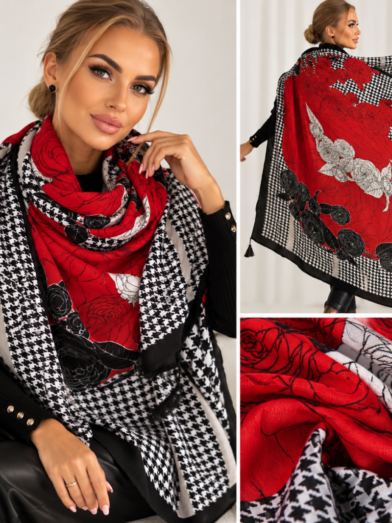 Chusta damska czerwona w róże pepitka 100% wiskoza 82x170 cm