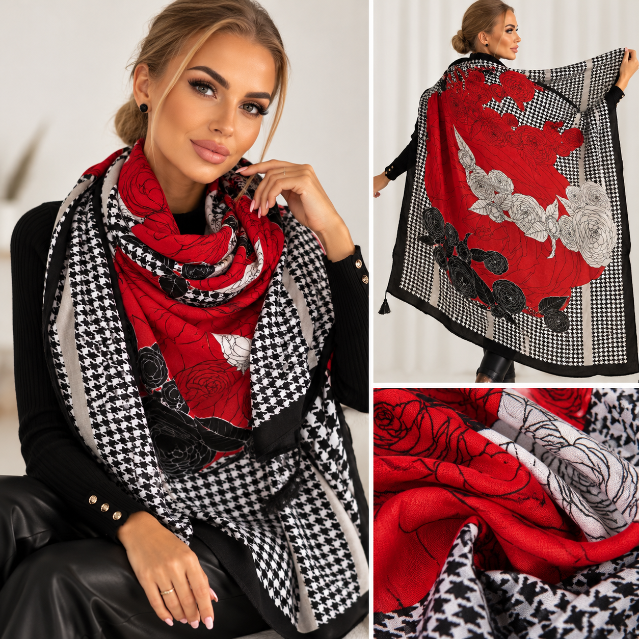 Chusta damska czerwona w róże pepitka 100% wiskoza 82x170 cm