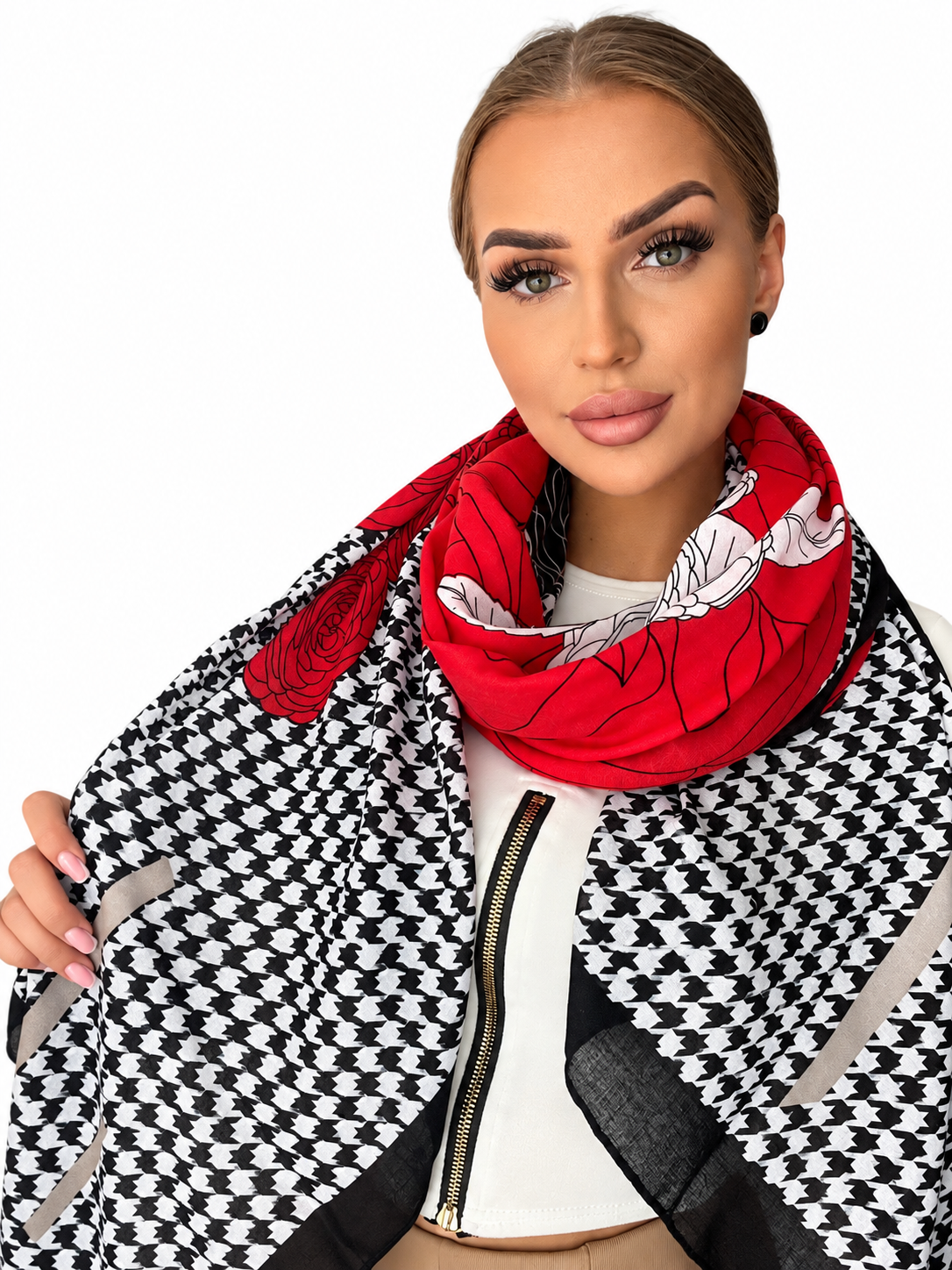 Chusta damska czerwona w róże pepitka 100% wiskoza 82x170 cm - obrazek 2
