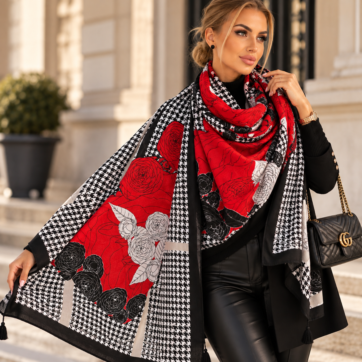Chusta damska czerwona w róże pepitka 100% wiskoza 82x170 cm - obrazek 3
