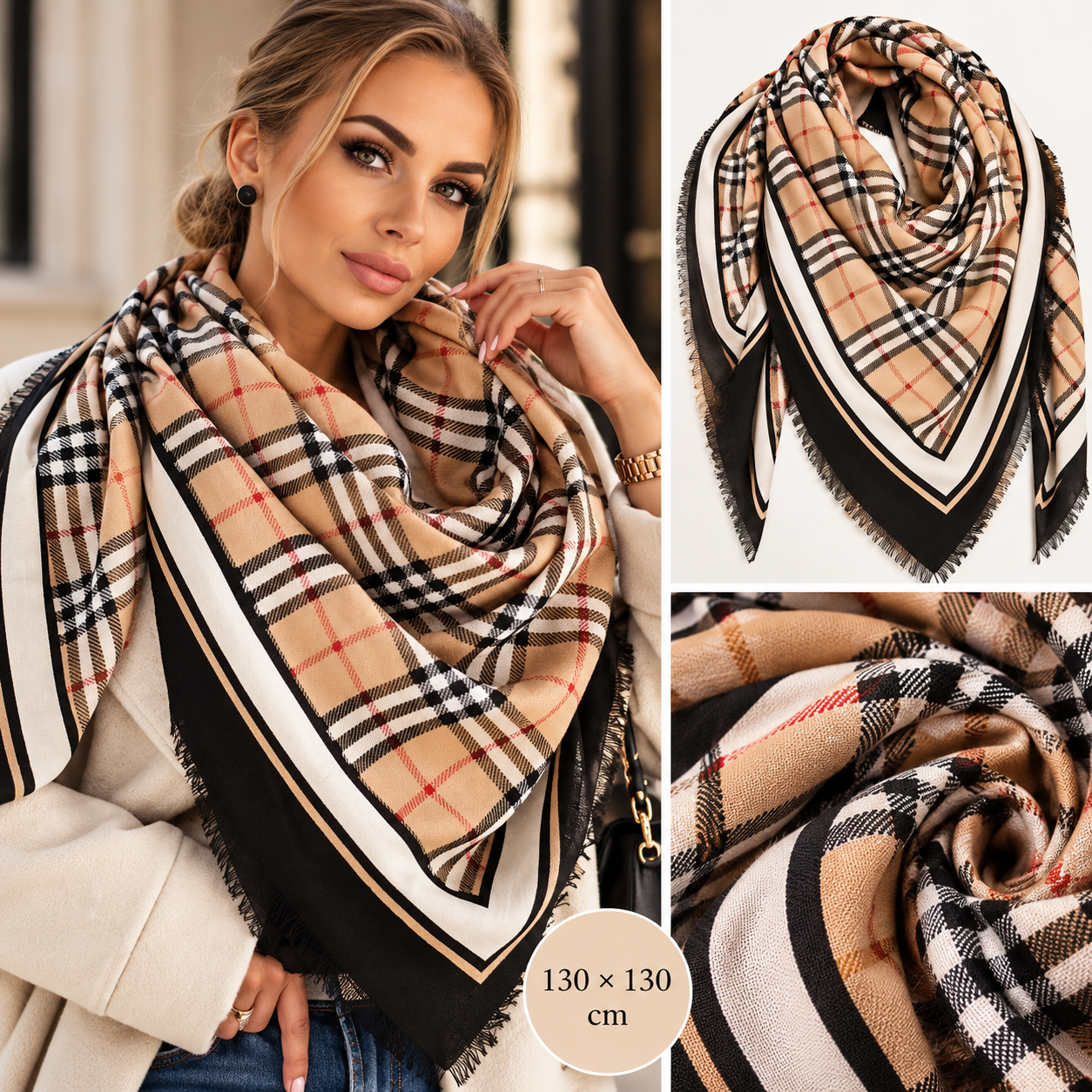 Chusta damska 130x130 cm w kratę camel beż czarny 100% wiskoza - obrazek 3