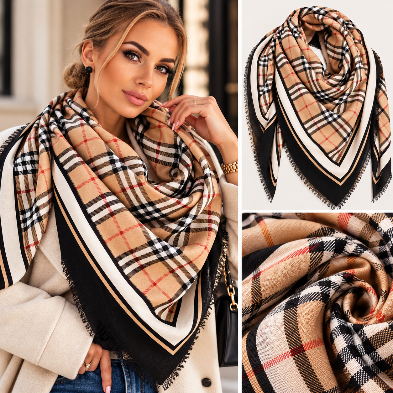Chusta damska 130x130 cm w kratę camel beż czarny 100% wiskoza - obrazek 2