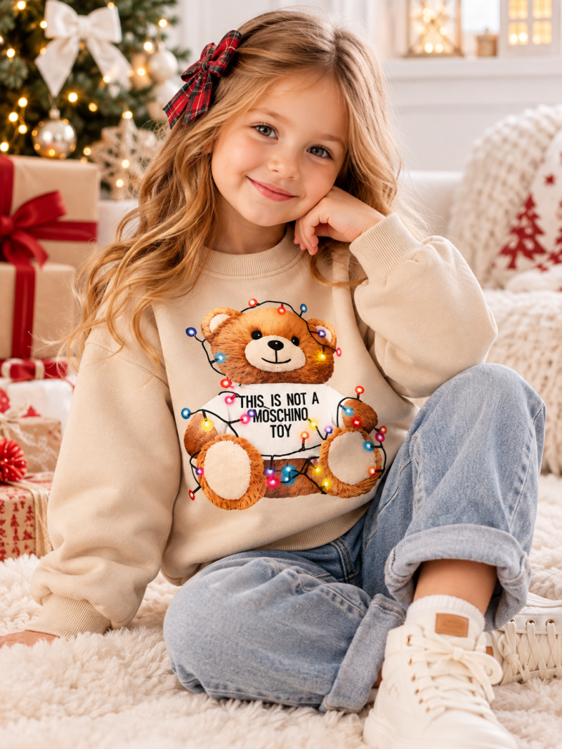 Bluza Dziewczęca Lara Kids Miś Świąteczny Ocieplana Beżowa