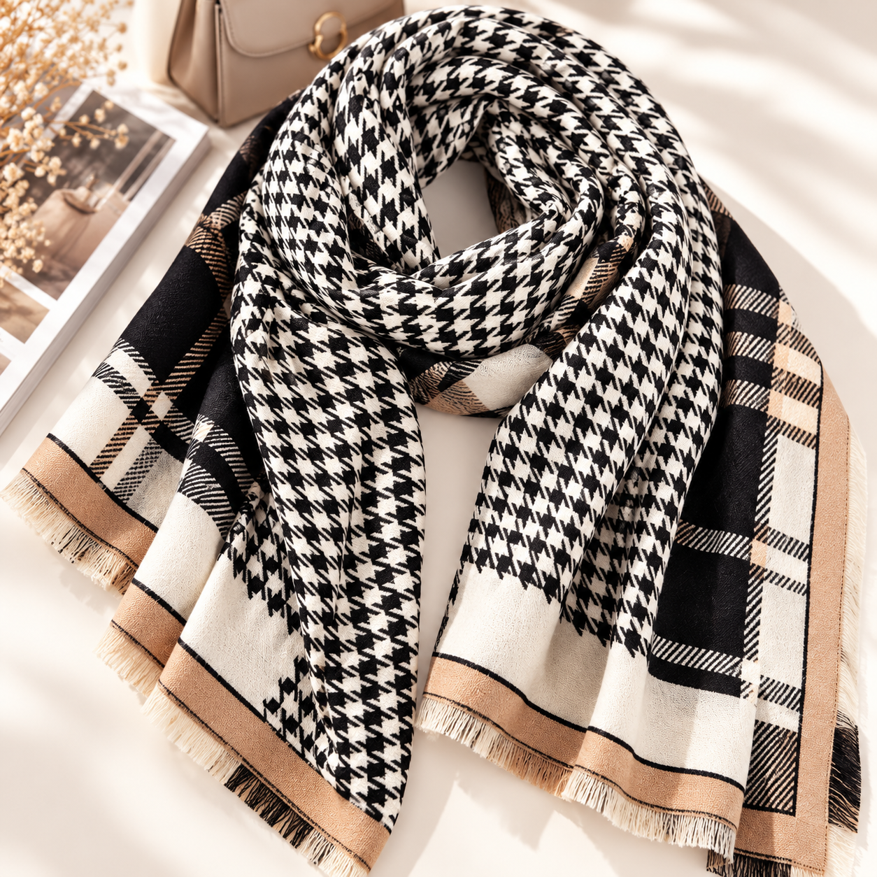 Szalik damski kaszmir wełna 190x65 cm pepitka krata beż czarny frędzle - obrazek 3