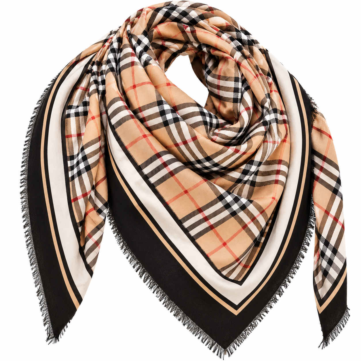 Chusta damska 130x130 cm w kratę camel beż czarny 100% wiskoza - obrazek 4