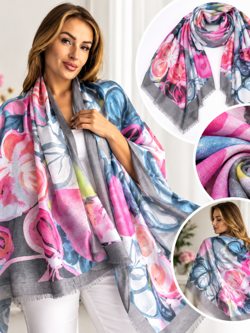 Chusta damska kwiaty 100% wiskoza 90x160 cm duża szal róż błękit