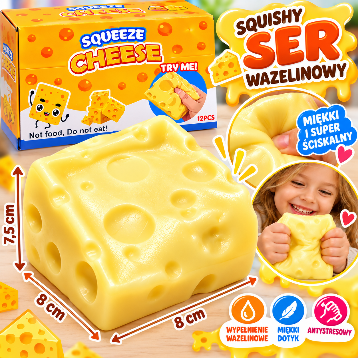 GNIOTEK WAZELINOWY ANTYSTRESOWY WAZELINA SER ŻÓŁTY KOSTKA SERA SQUISHY - obrazek 4